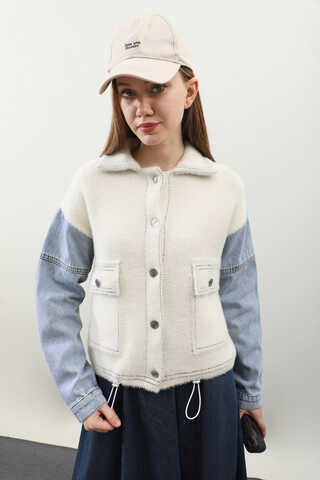 Kot Kollu Düğmeli Ceket Krem - 8