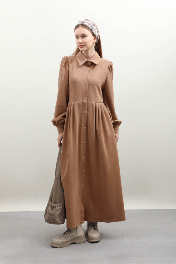 Kot Yelekli Triko Elbise Açık Taba - 2