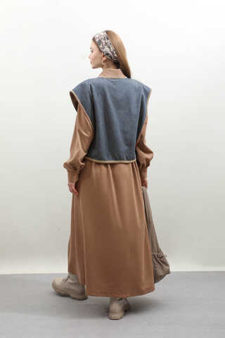 Kot Yelekli Triko Elbise Açık Taba - 6