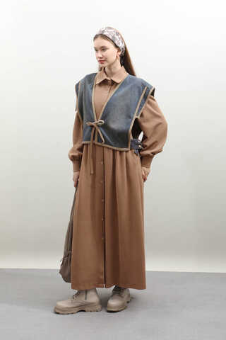 Kot Yelekli Triko Elbise Açık Taba - 1