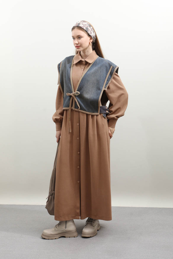 Kot Yelekli Triko Elbise Açık Taba - 1