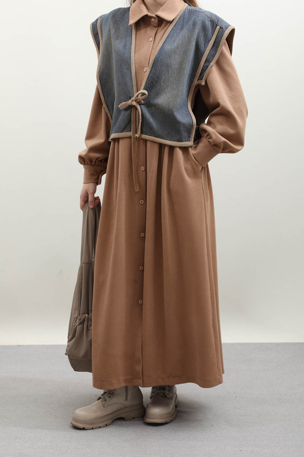 Kot Yelekli Triko Elbise Açık Taba - 4