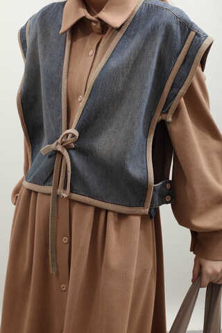 Kot Yelekli Triko Elbise Açık Taba - 5