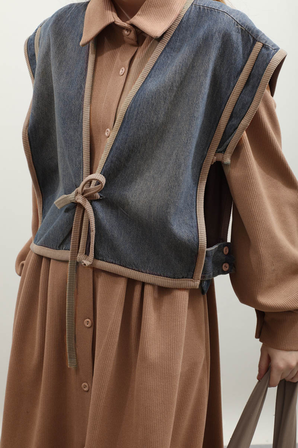 Kot Yelekli Triko Elbise Açık Taba - 5