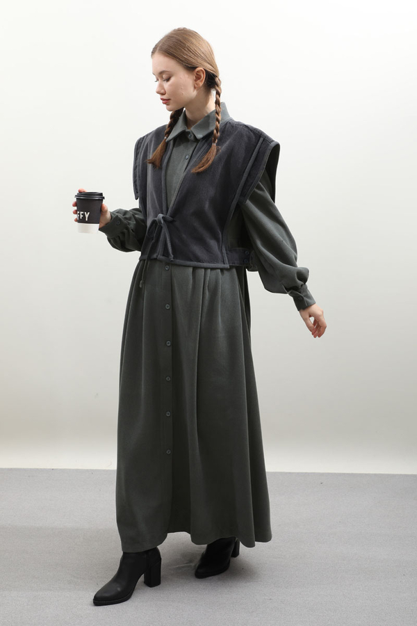 Kot Yelekli Triko Elbise Antrasit - 4