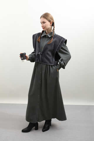 Kot Yelekli Triko Elbise Antrasit - 5