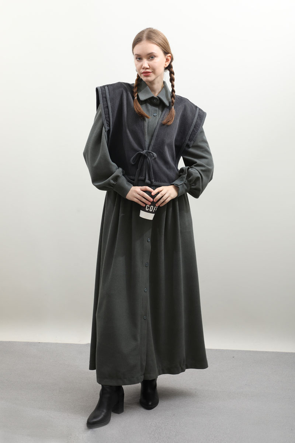 Kot Yelekli Triko Elbise Antrasit - 6