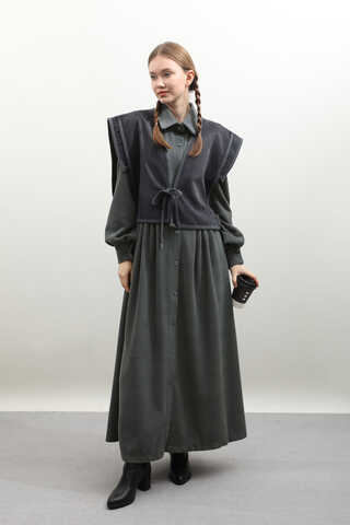 Kot Yelekli Triko Elbise Antrasit - 7