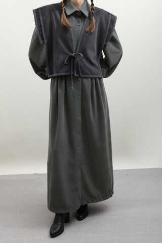 Kot Yelekli Triko Elbise Antrasit - 8