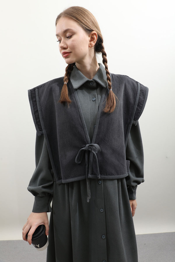 Kot Yelekli Triko Elbise Antrasit 