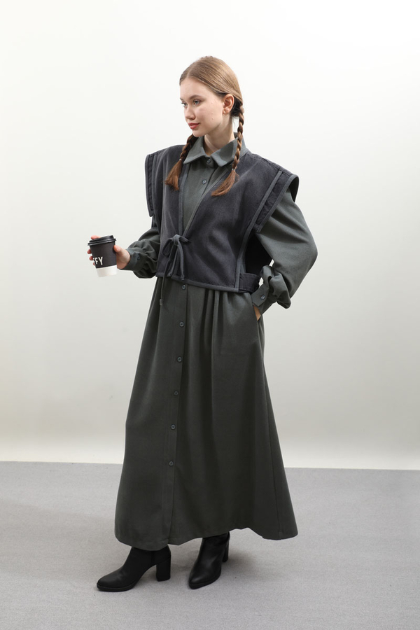 Kot Yelekli Triko Elbise Antrasit - 5