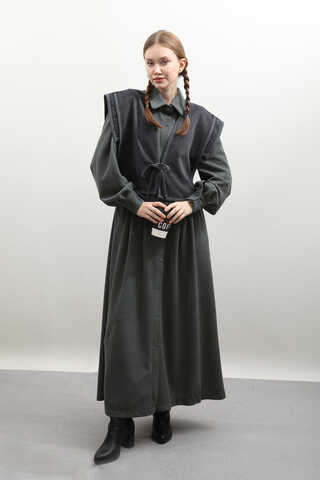 Kot Yelekli Triko Elbise Antrasit - 6