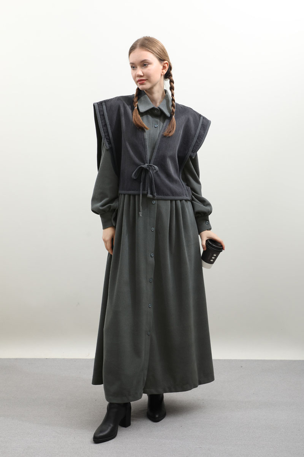 Kot Yelekli Triko Elbise Antrasit - 7