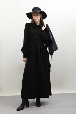 Kot Yelekli Triko Elbise Siyah - 1