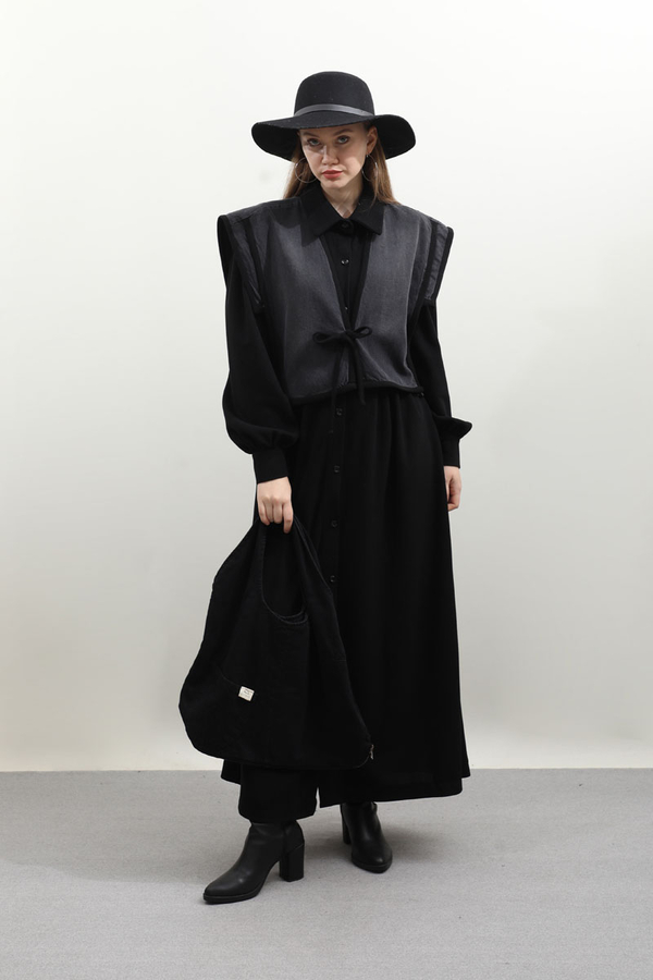 Kot Yelekli Triko Elbise Siyah - 2