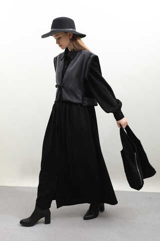 Kot Yelekli Triko Elbise Siyah - 4