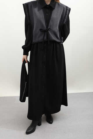 Kot Yelekli Triko Elbise Siyah - 6