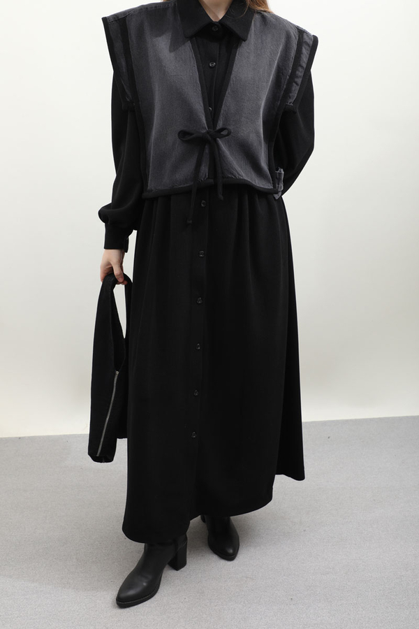 Kot Yelekli Triko Elbise Siyah - 6