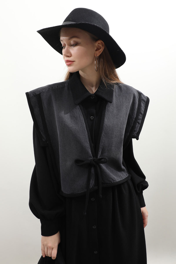 Kot Yelekli Triko Elbise Siyah - 8