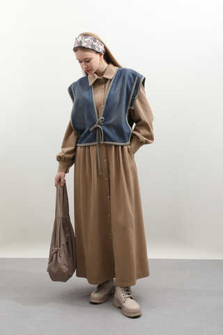 Kot Yelekli Triko Elbise Vizon - 14