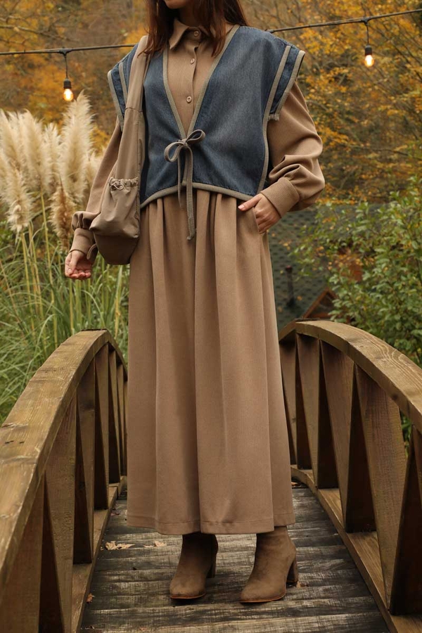 Kot Yelekli Triko Elbise Vizon - 1