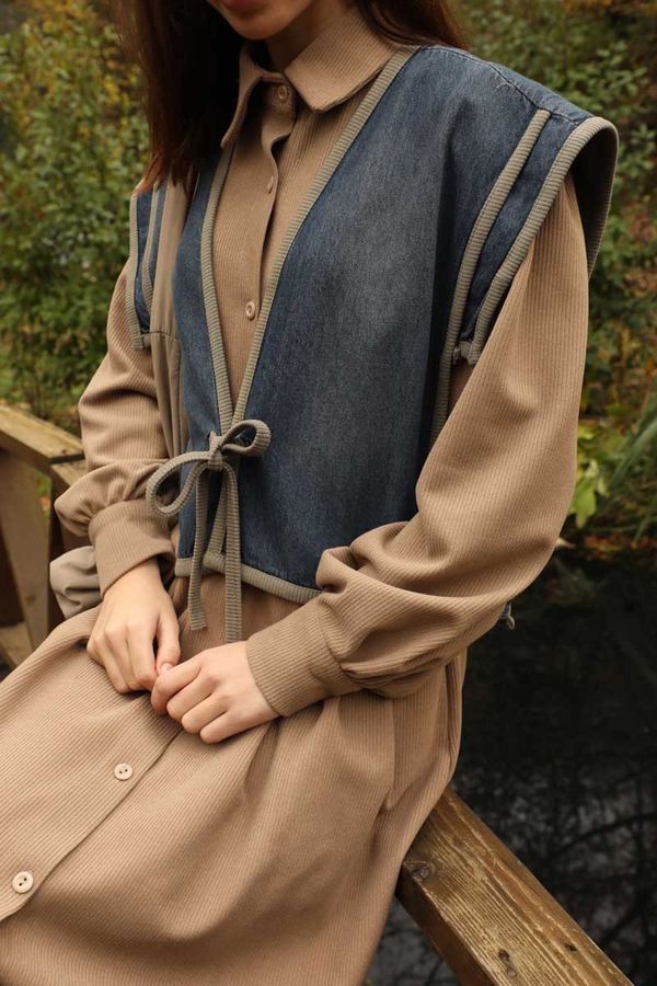 Kot Yelekli Triko Elbise Vizon - 8