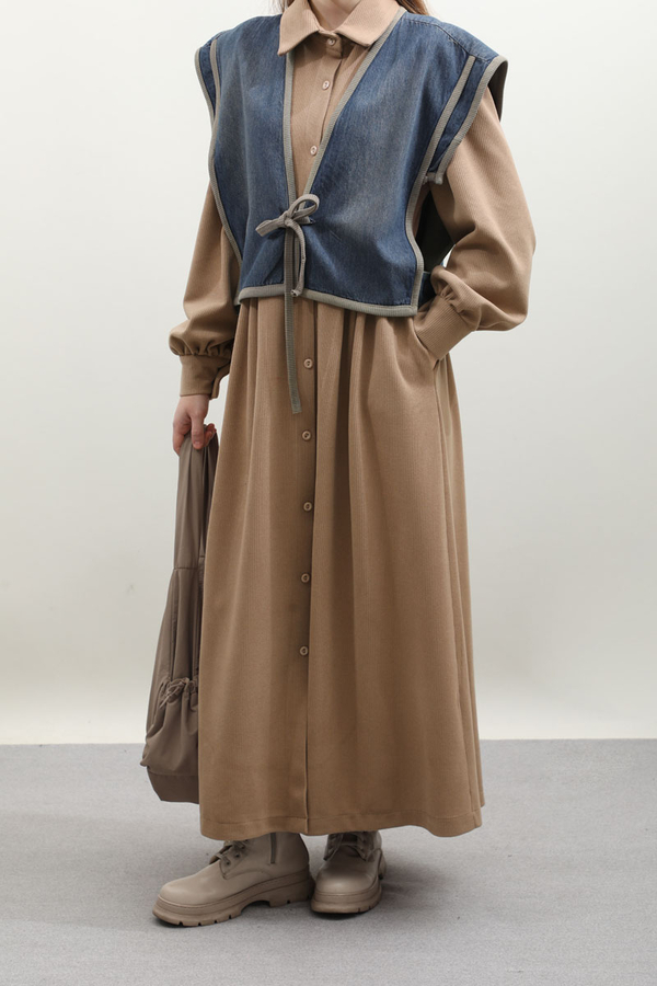 Kot Yelekli Triko Elbise Vizon - 15