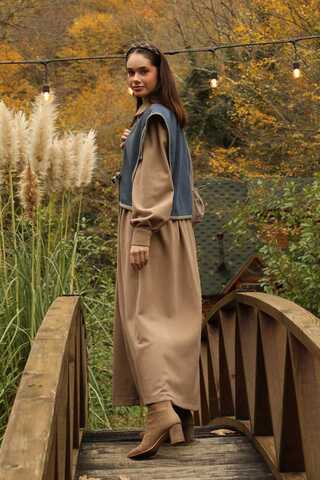 Kot Yelekli Triko Elbise Vizon - 9