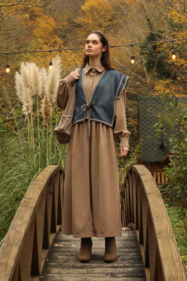 Kot Yelekli Triko Elbise Vizon - 3