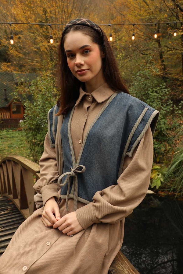 Kot Yelekli Triko Elbise Vizon - 2