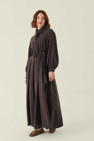 Kravat Detaylı Elbise Acı Kahve - 3