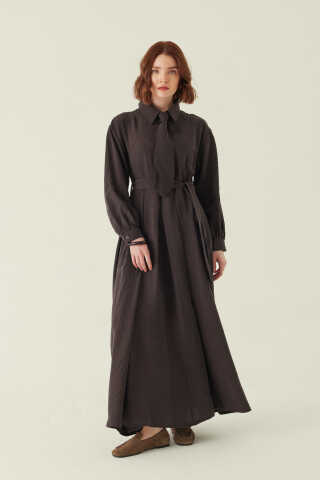 Kravat Detaylı Elbise Acı Kahve - 6