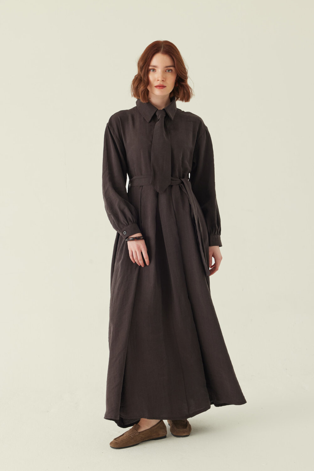 Kravat Detaylı Elbise Acı Kahve - 6