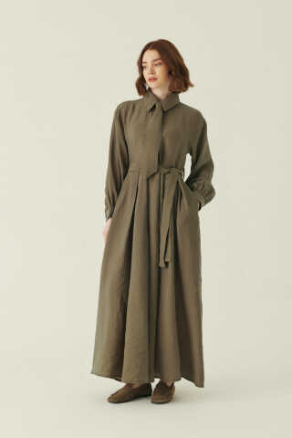 Kravat Detaylı Elbise Haki - 1