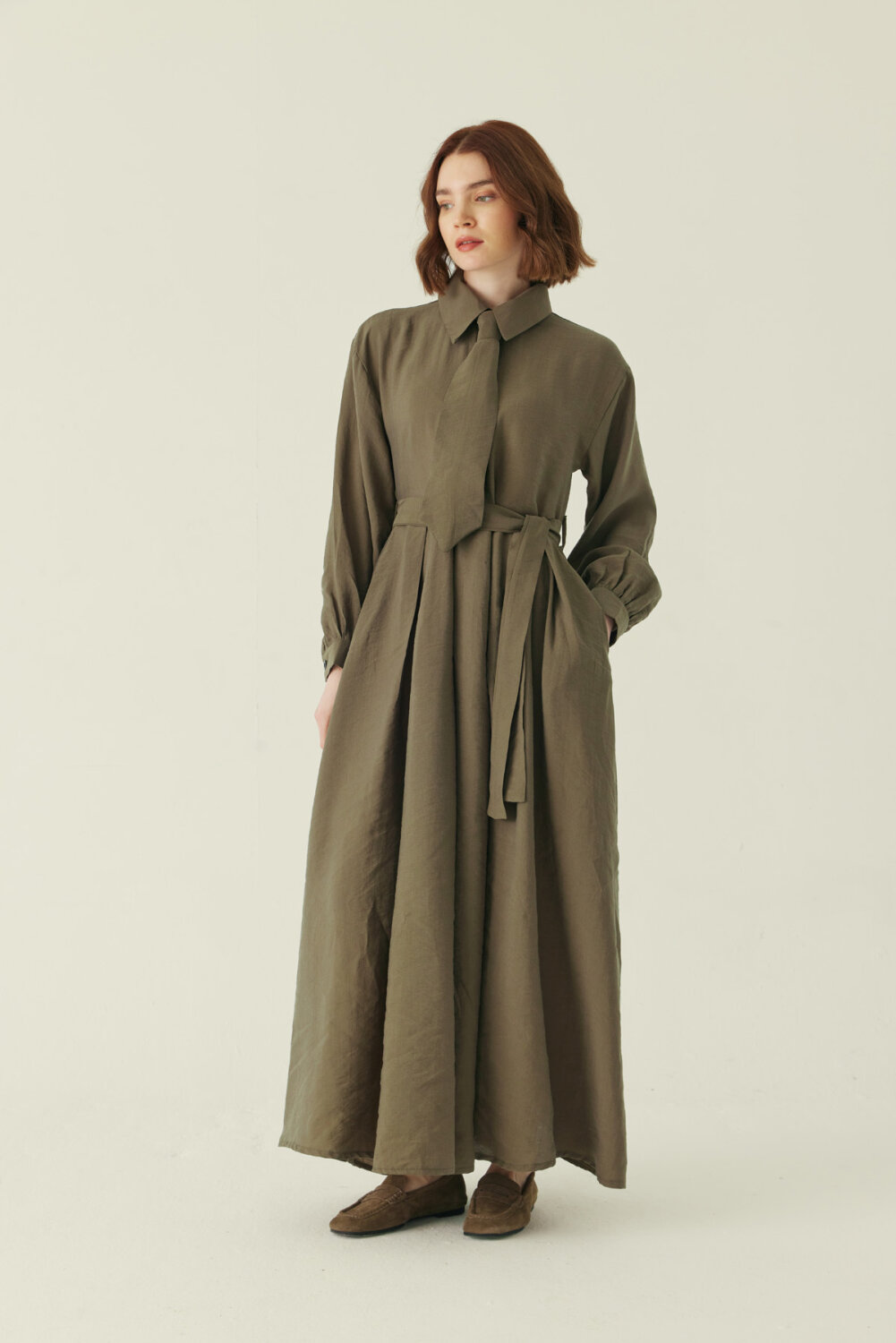 Kravat Detaylı Elbise Haki 