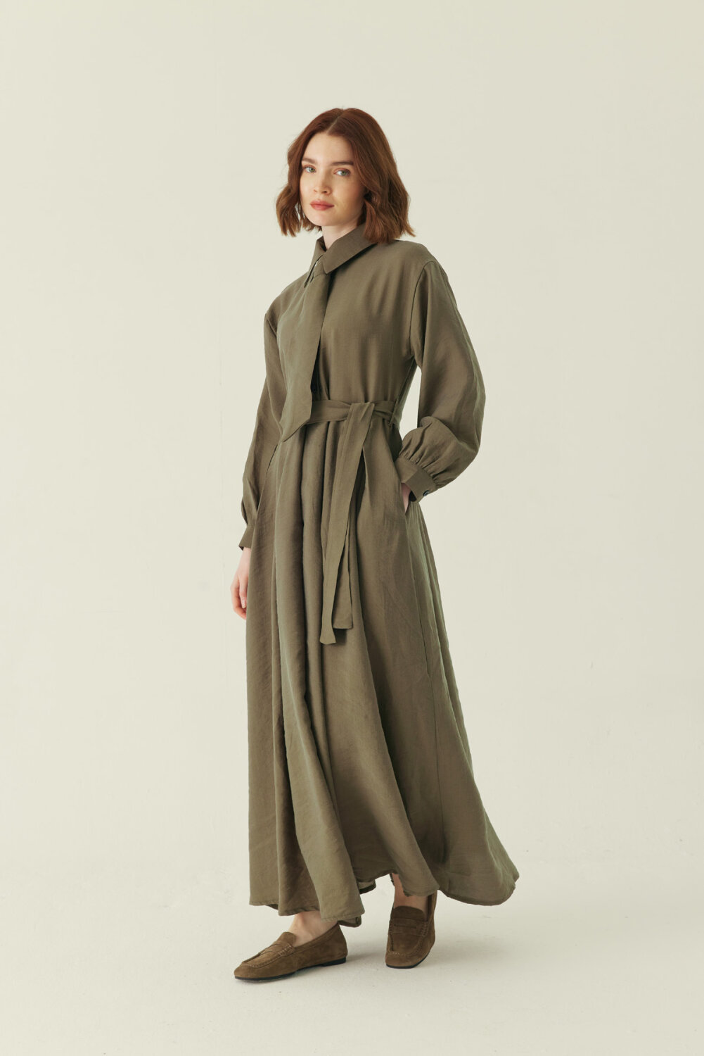 Kravat Detaylı Elbise Haki - 3