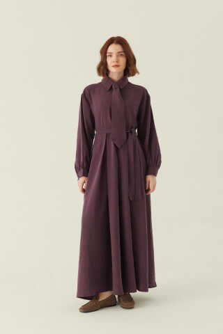 Kravat Detaylı Elbise Mürdüm - 1