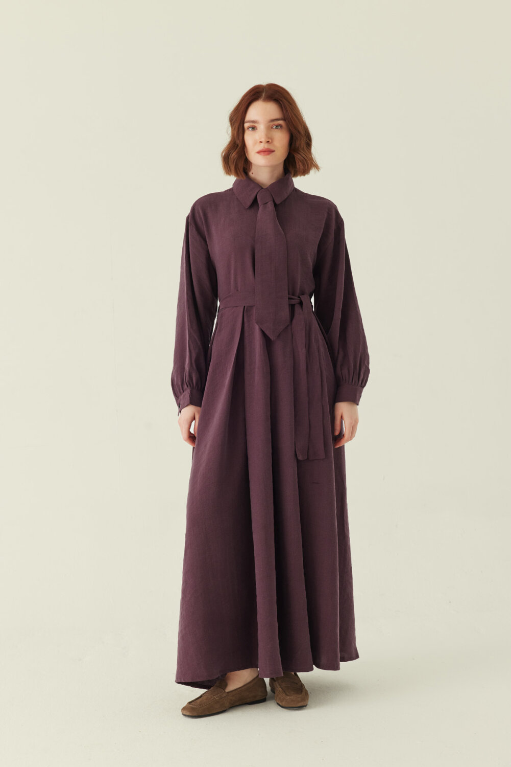 Kravat Detaylı Elbise Mürdüm 