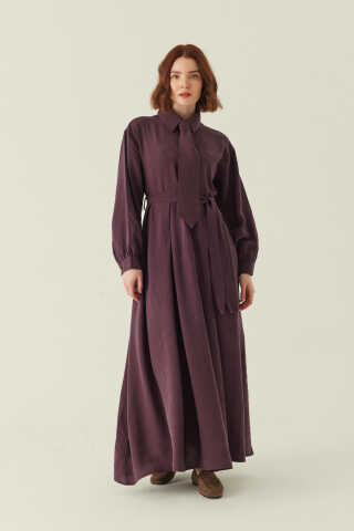 Kravat Detaylı Elbise Mürdüm - 5