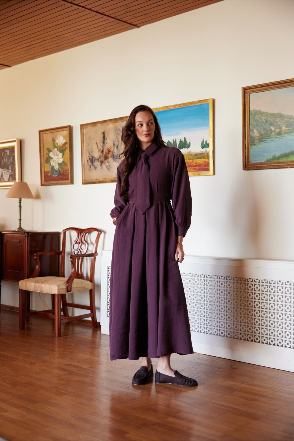 Kravat Detaylı Elbise Mürdüm 