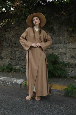 Kruvaze Bağlamalı Abaya Camel - 4