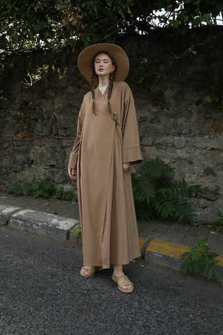Kruvaze Bağlamalı Abaya Camel - 5