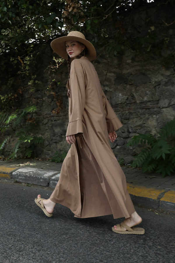 Kruvaze Bağlamalı Abaya Camel - 10