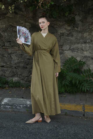 Kruvaze Bağlamalı Abaya Haki - 2