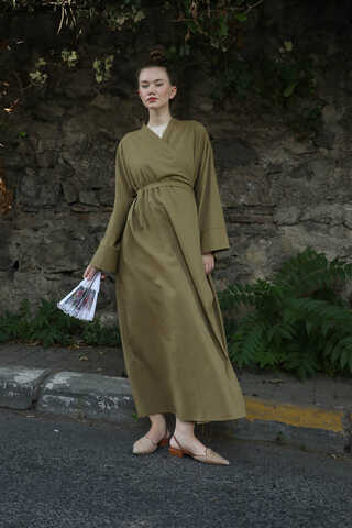 Kruvaze Bağlamalı Abaya Haki - 4