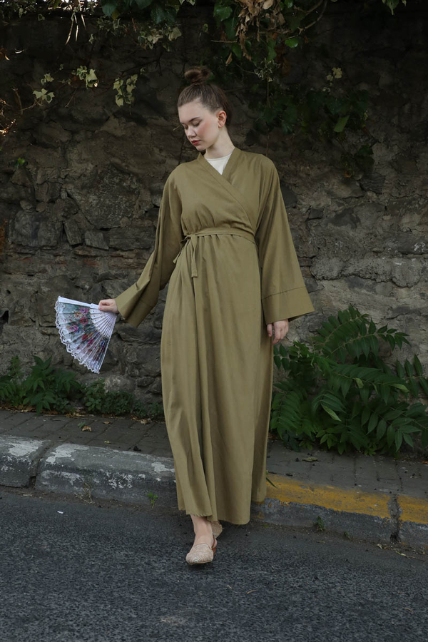 Kruvaze Bağlamalı Abaya Haki - 5