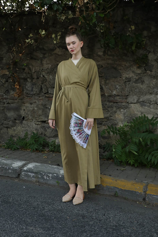 Kruvaze Bağlamalı Abaya Haki - 6
