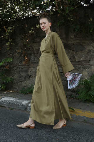 Kruvaze Bağlamalı Abaya Haki - 1