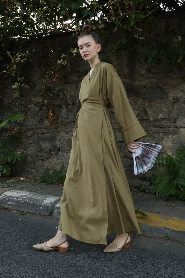 Kruvaze Bağlamalı Abaya Haki - 1