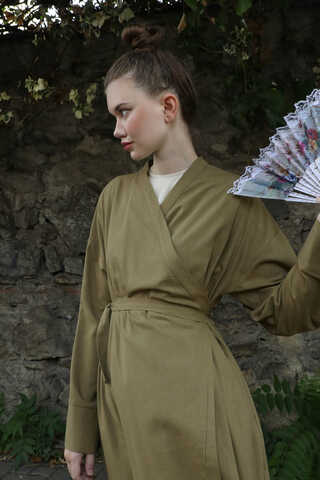 Kruvaze Bağlamalı Abaya Haki - 7